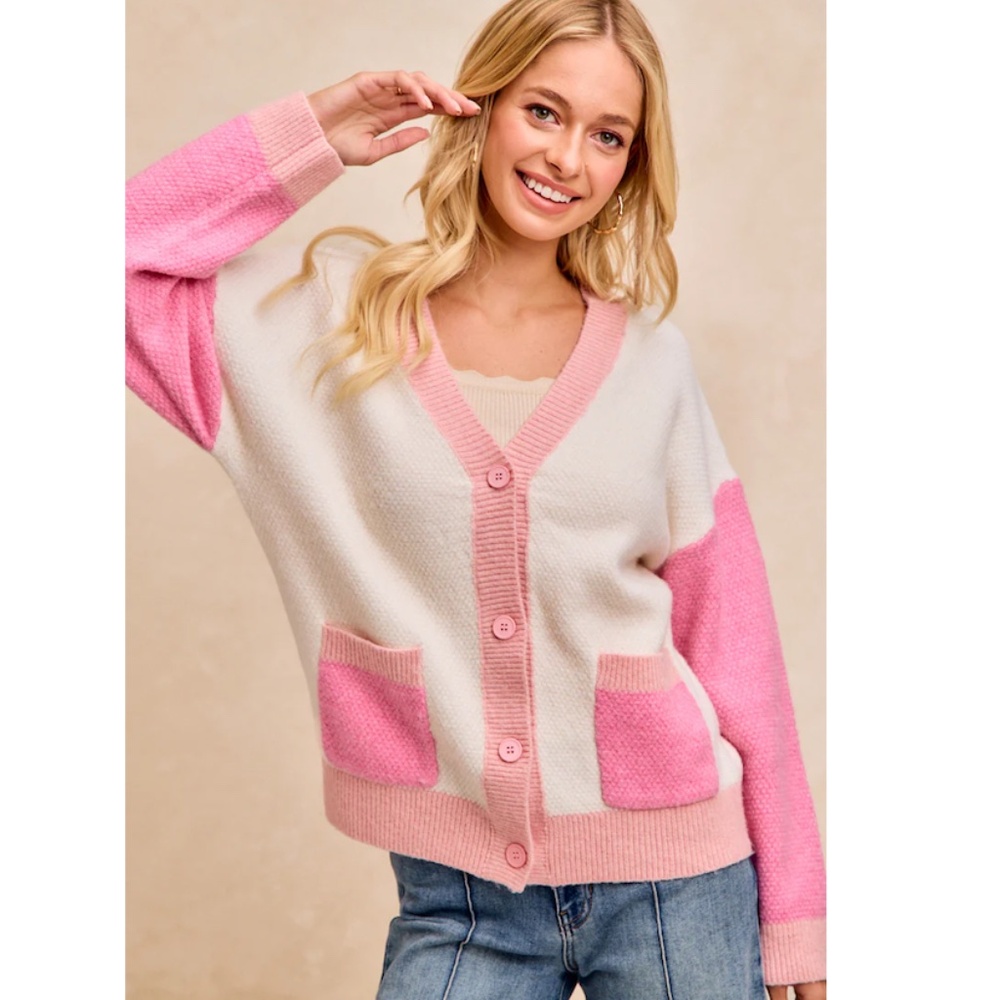 BiBi Pink and White Colorblock V-Neck Button Cardigan